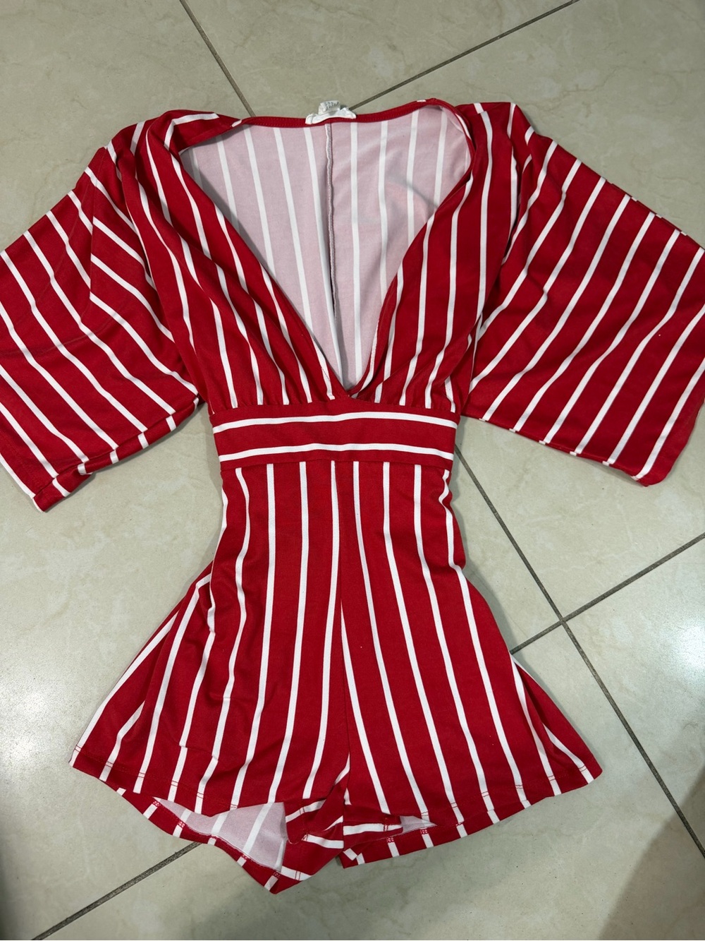 Red & White Striped V‑Neck Women’s Romper